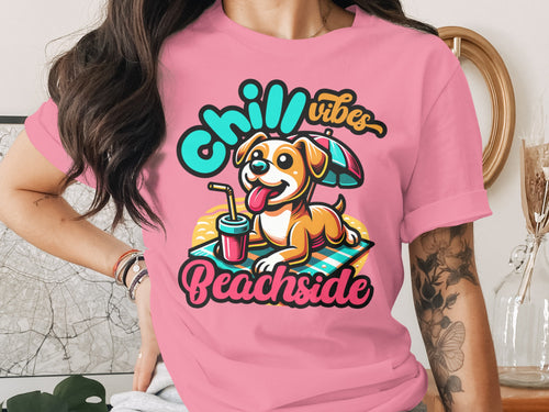 T-shirt graphic of a dog with "Chill Vibes Beachside" text.