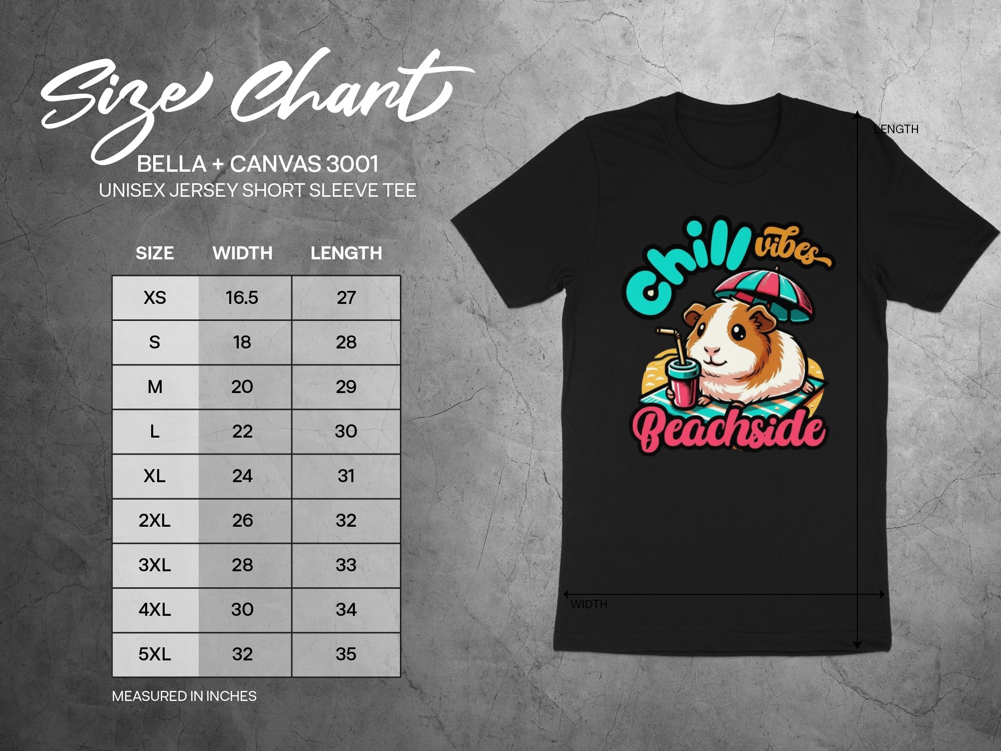 Bella + Canvas 3001 size chart with t-shirt graphic of a pig wearing a hat at the beach.