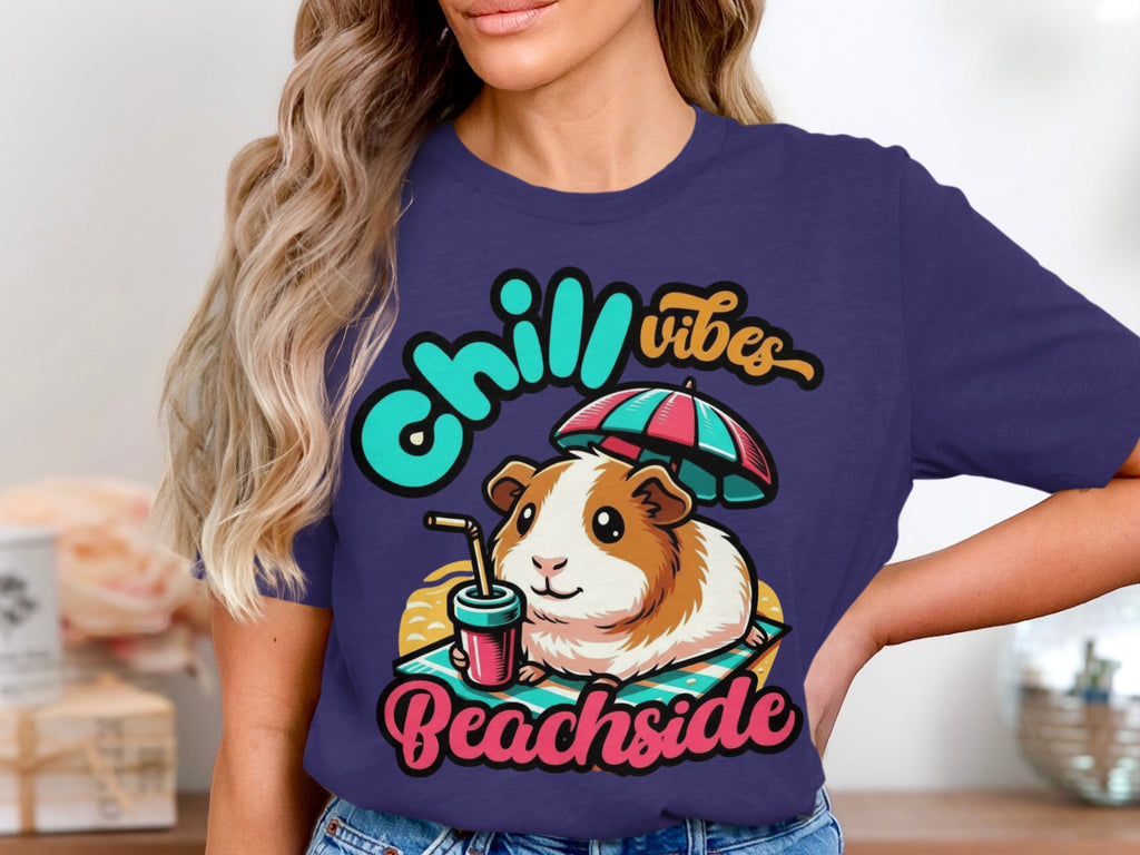 Guinea pig wearing sunglasses on a beach towel with a drink and "Chill Vibes Beachside" text.